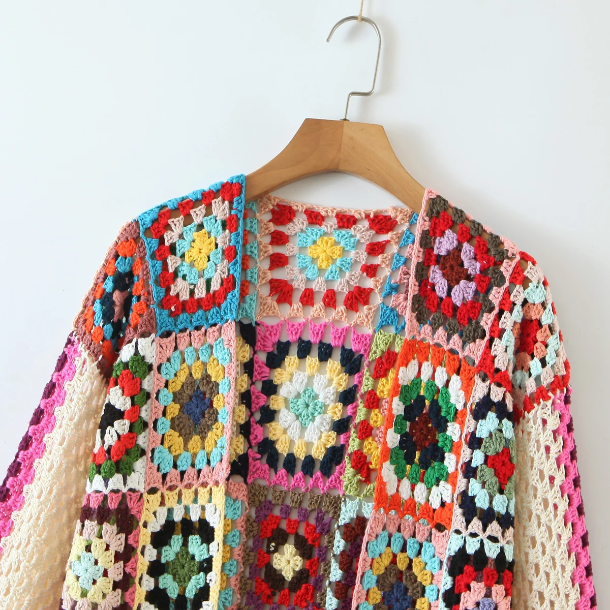 BOHO Colored Plaid Flower Hand Crochet Cardigan Ethnic Woman V neck Open Stitching Long Sweater Knitwear Jumper Holiday