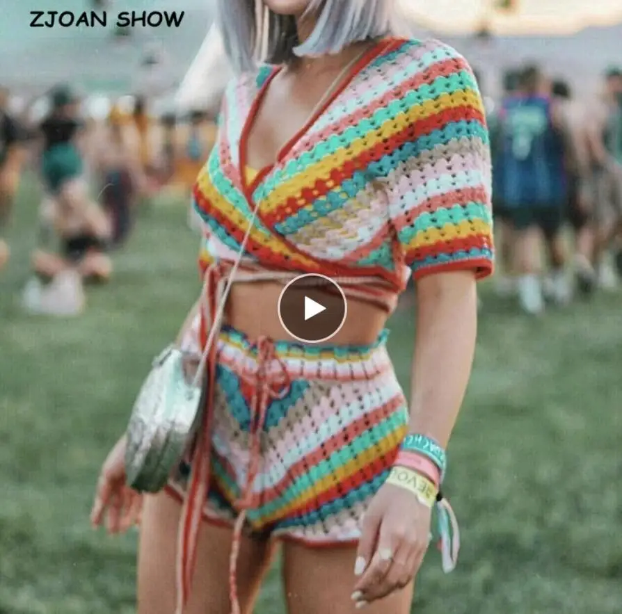 BOHO Colored Plaid Flower Hand Crochet Cardigan Ethnic Woman V neck Open Stitching Long Sweater Knitwear Jumper Holiday