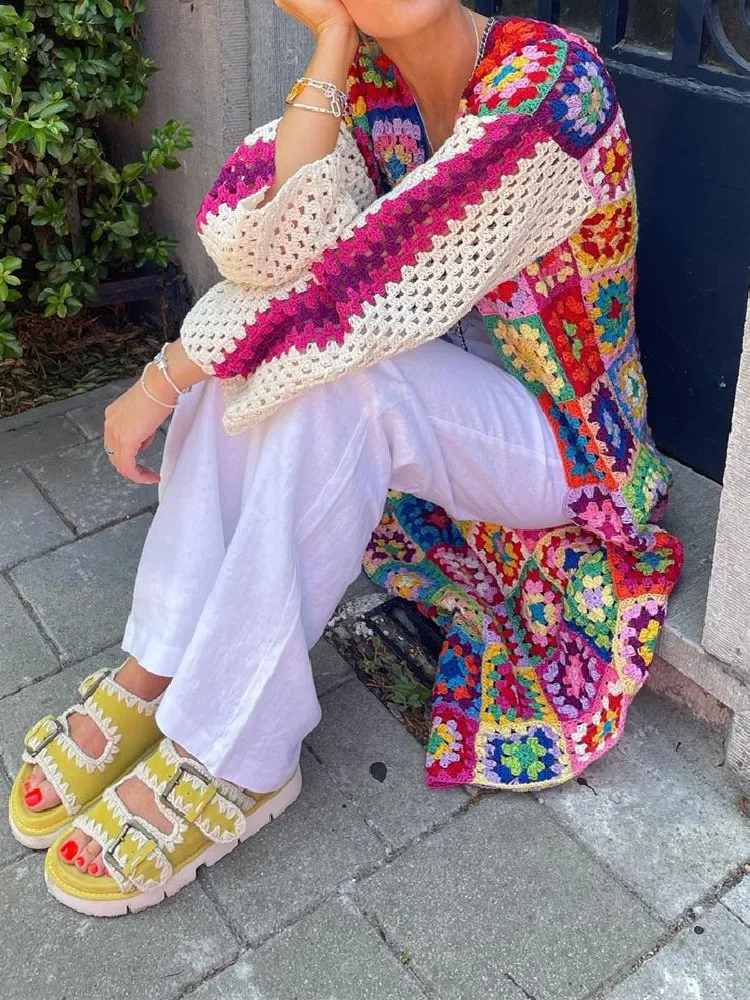 BOHO Colored Plaid Flower Hand Crochet Cardigan Ethnic Woman V neck Open Stitching Long Sweater Knitwear Jumper Holiday