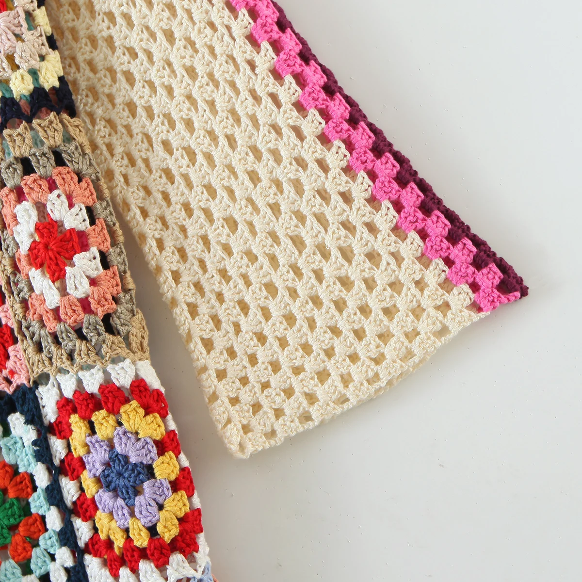 BOHO Colored Plaid Flower Hand Crochet Cardigan Ethnic Woman V neck Open Stitching Long Sweater Knitwear Jumper Holiday