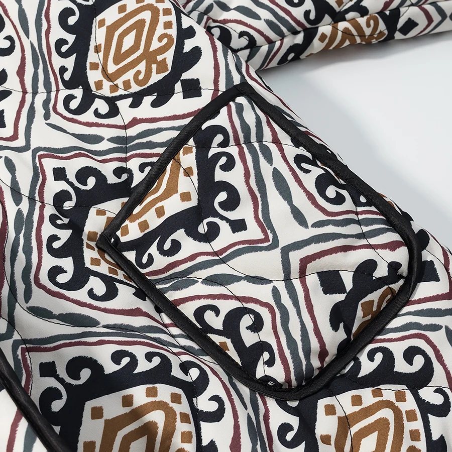 Winter Gray Totem Floral Print Lapel Collar Quilted Jacket Ethnic Women Tie Bow Sashes Quilting Full Sleeve Coat BOHO Outerwear