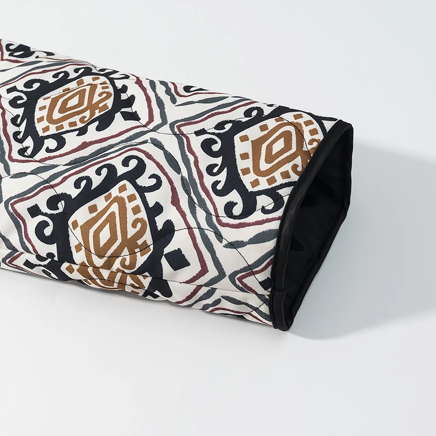 Winter Gray Totem Floral Print Lapel Collar Quilted Jacket Ethnic Women Tie Bow Sashes Quilting Full Sleeve Coat BOHO Outerwear