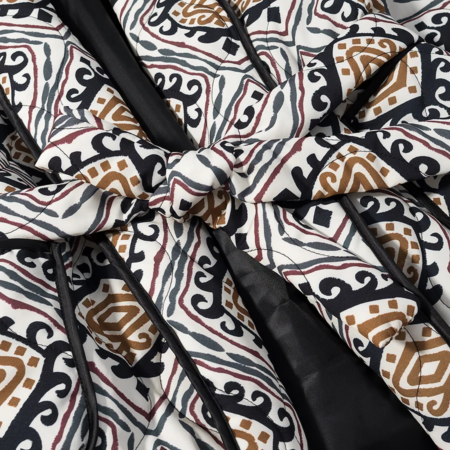 Winter Gray Totem Floral Print Lapel Collar Quilted Jacket Ethnic Women Tie Bow Sashes Quilting Full Sleeve Coat BOHO Outerwear