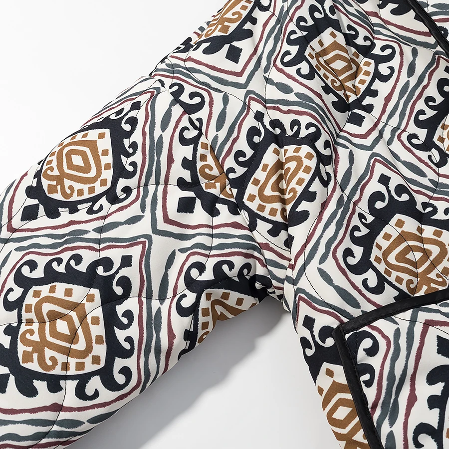 Winter Gray Totem Floral Print Lapel Collar Quilted Jacket Ethnic Women Tie Bow Sashes Quilting Full Sleeve Coat BOHO Outerwear