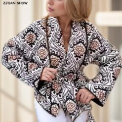 Winter Gray Totem Floral Print Lapel Quilted Jacket