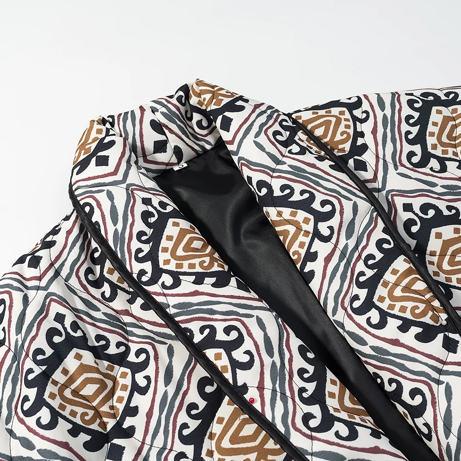 Winter Gray Totem Floral Print Lapel Collar Quilted Jacket Ethnic Women Tie Bow Sashes Quilting Full Sleeve Coat BOHO Outerwear