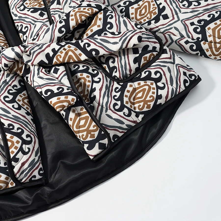 Winter Gray Totem Floral Print Lapel Collar Quilted Jacket Ethnic Women Tie Bow Sashes Quilting Full Sleeve Coat BOHO Outerwear