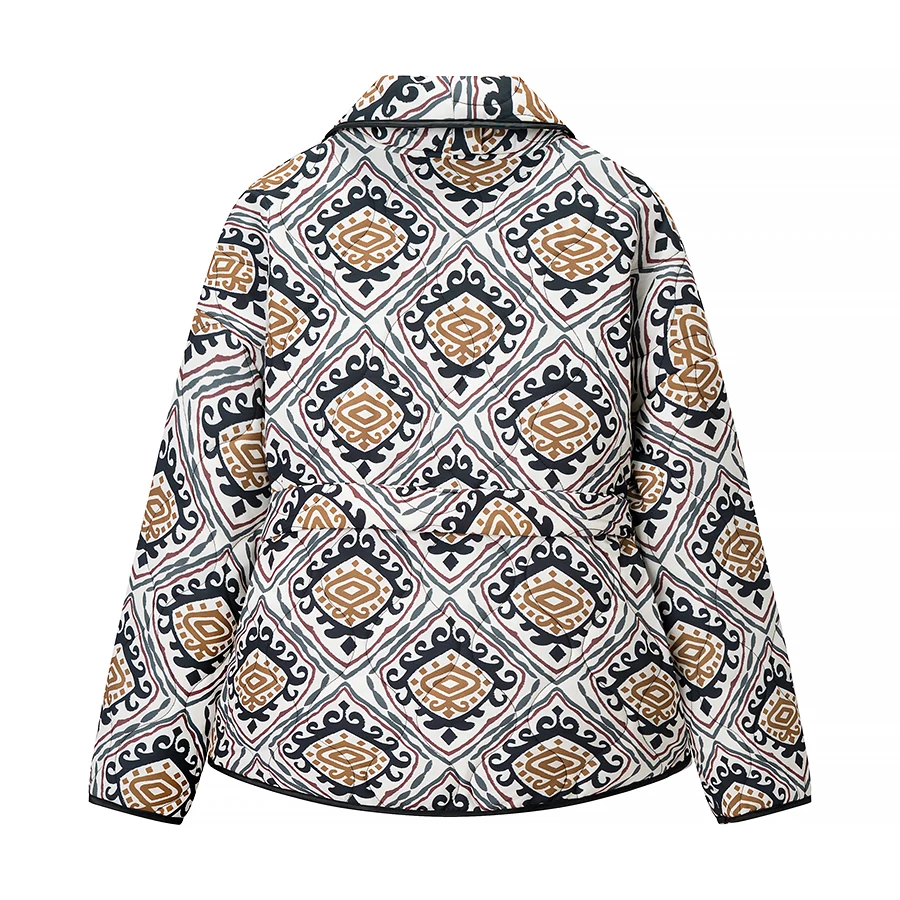 Winter Gray Totem Floral Print Lapel Collar Quilted Jacket Ethnic Women Tie Bow Sashes Quilting Full Sleeve Coat BOHO Outerwear