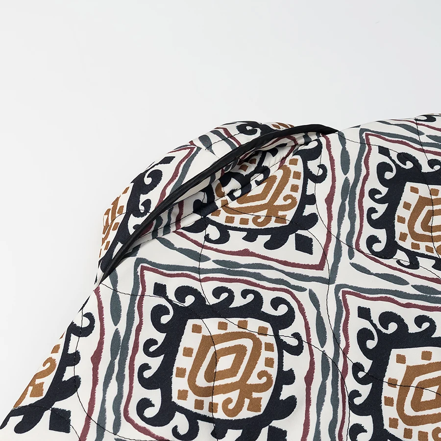 Winter Gray Totem Floral Print Lapel Collar Quilted Jacket Ethnic Women Tie Bow Sashes Quilting Full Sleeve Coat BOHO Outerwear