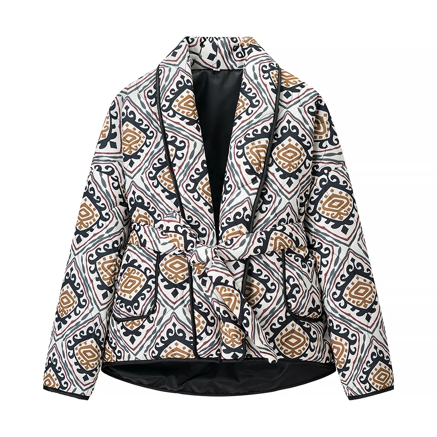 Winter Gray Totem Floral Print Lapel Collar Quilted Jacket Ethnic Women Tie Bow Sashes Quilting Full Sleeve Coat BOHO Outerwear