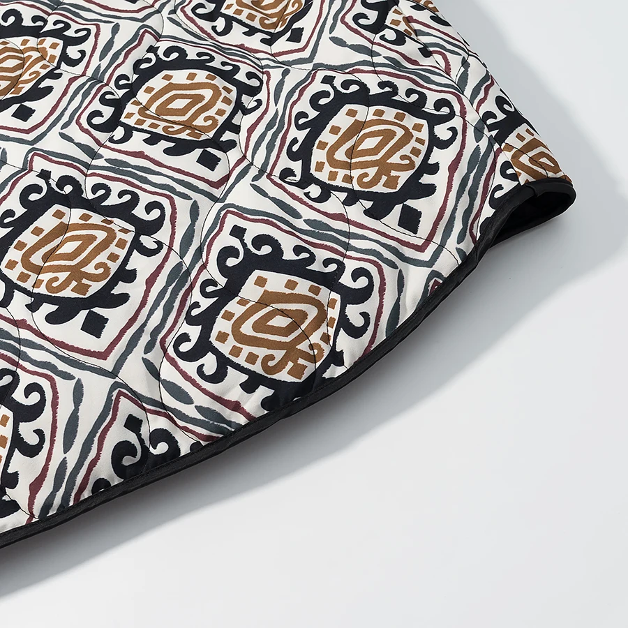 Winter Gray Totem Floral Print Lapel Collar Quilted Jacket Ethnic Women Tie Bow Sashes Quilting Full Sleeve Coat BOHO Outerwear