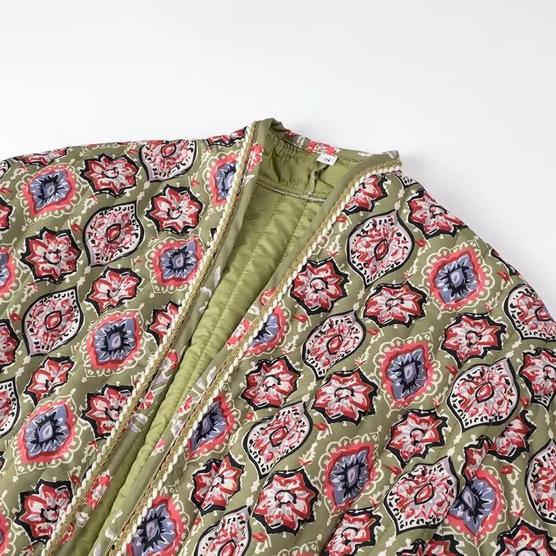 Winter Green Flower Print V neck Quilted Jacket Ethnic Women Tie Bow Sashes Quilting Full Sleeve Coat BOHO Midi Outerwear
