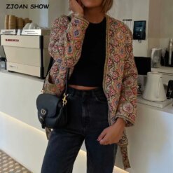 Winter Green Flower Print V-Neck Quilted Jacket