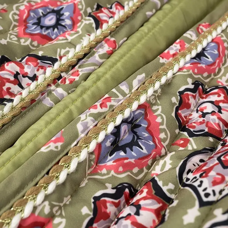 Winter Green Flower Print V neck Quilted Jacket Ethnic Women Tie Bow Sashes Quilting Full Sleeve Coat BOHO Midi Outerwear
