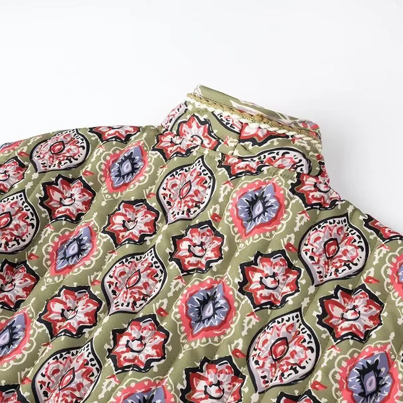 Winter Green Flower Print V neck Quilted Jacket Ethnic Women Tie Bow Sashes Quilting Full Sleeve Coat BOHO Midi Outerwear