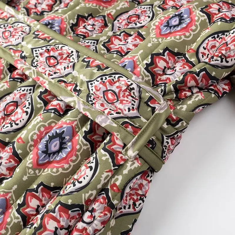 Winter Green Flower Print V neck Quilted Jacket Ethnic Women Tie Bow Sashes Quilting Full Sleeve Coat BOHO Midi Outerwear