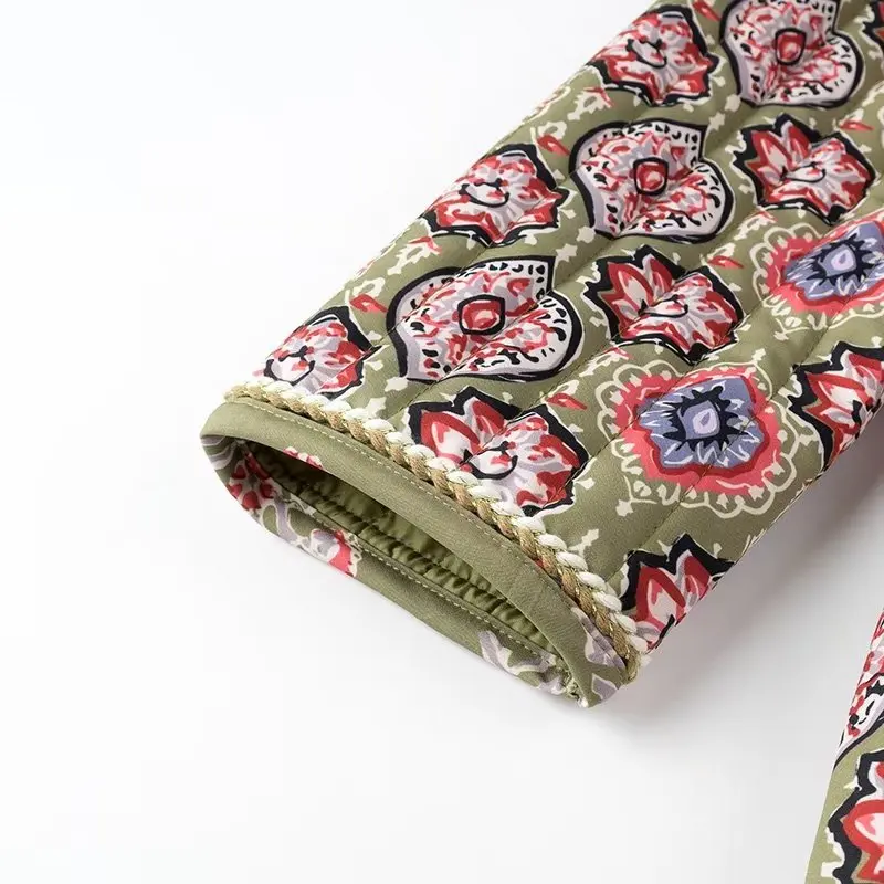 Winter Army Green Totem Print V neck Quilted Jacket Ethnic Women Tie Bow Sashes Quilting Full Sleeve Coat BOHO Midi Outerwear