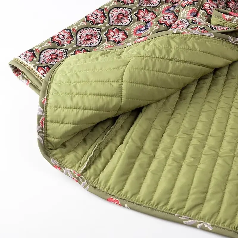 Winter Army Green Totem Print V neck Quilted Jacket Ethnic Women Tie Bow Sashes Quilting Full Sleeve Coat BOHO Midi Outerwear