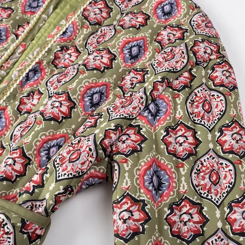 Winter Army Green Totem Print V neck Quilted Jacket Ethnic Women Tie Bow Sashes Quilting Full Sleeve Coat BOHO Midi Outerwear