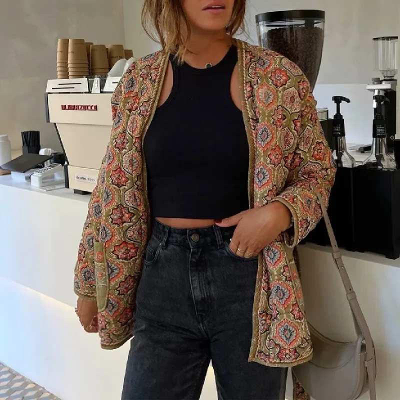 Winter Army Green Totem Print V neck Quilted Jacket Ethnic Women Tie Bow Sashes Quilting Full Sleeve Coat BOHO Midi Outerwear