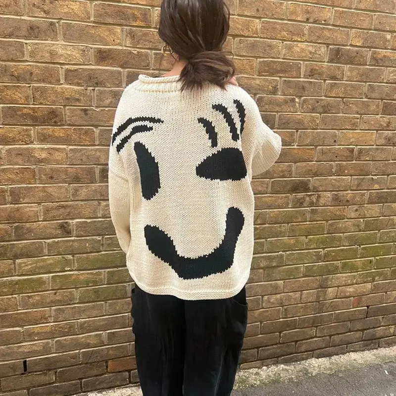 New 2024 Autumn Women's Oversized Sweaters O Neck Knitwear Long Sleeve Loose Fit Pullovers Female Casual Smile Boho Sweater Tops