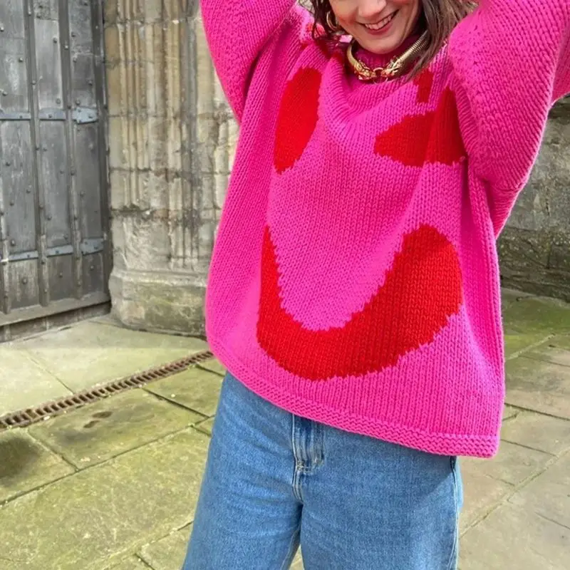 New 2024 Autumn Women's Oversized Sweaters O Neck Knitwear Long Sleeve Loose Fit Pullovers Female Casual Smile Boho Sweater Tops