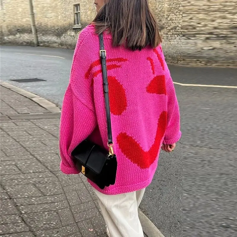 New 2024 Autumn Women's Oversized Sweaters O Neck Knitwear Long Sleeve Loose Fit Pullovers Female Casual Smile Boho Sweater Tops