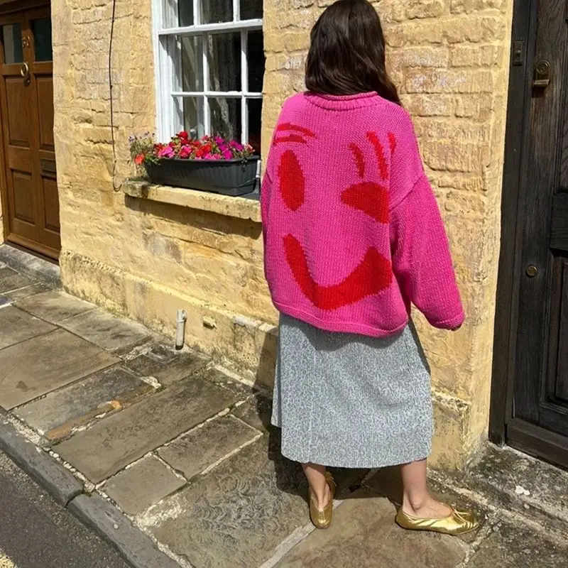 New 2024 Autumn Women's Oversized Sweaters O Neck Knitwear Long Sleeve Loose Fit Pullovers Female Casual Smile Boho Sweater Tops