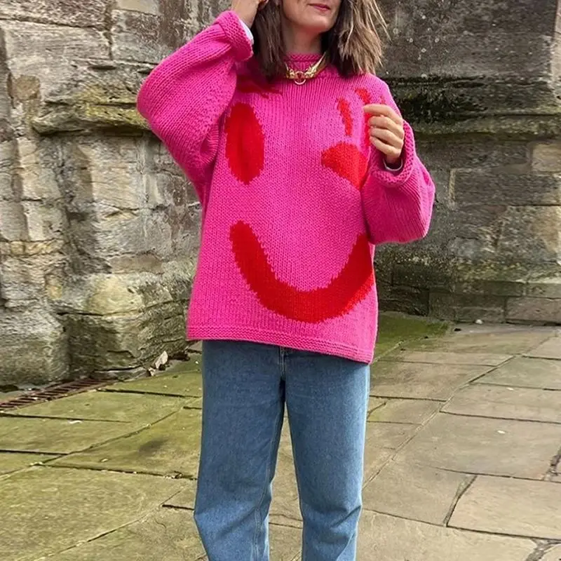 New 2024 Autumn Women's Oversized Sweaters O Neck Knitwear Long Sleeve Loose Fit Pullovers Female Casual Smile Boho Sweater Tops