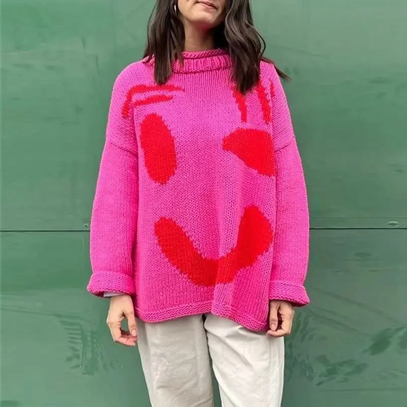 New 2024 Autumn Women's Oversized Sweaters O Neck Knitwear Long Sleeve Loose Fit Pullovers Female Casual Smile Boho Sweater Tops