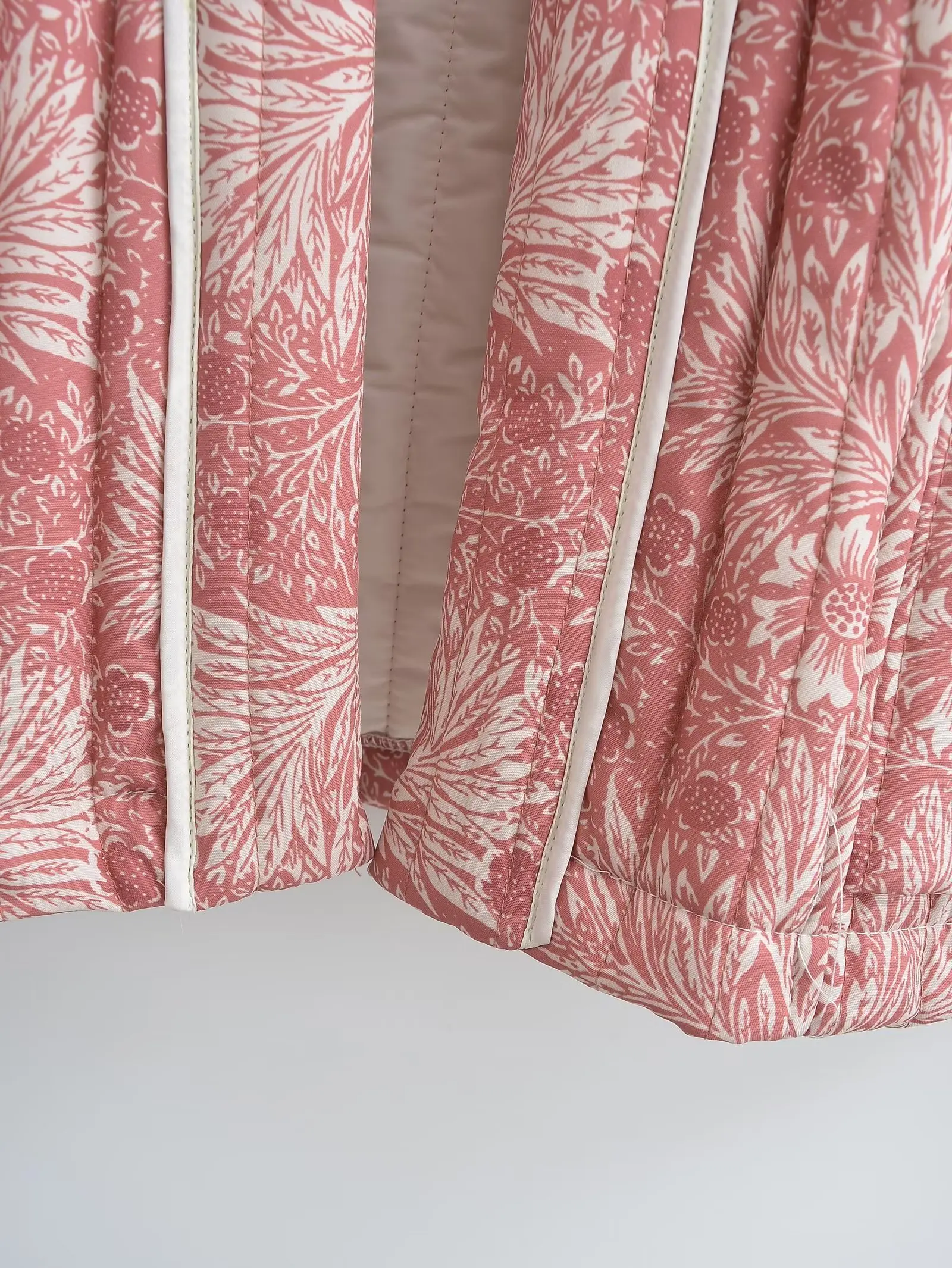 Autumn Winter Light Pink Flower Print Lapel Quilted Coat Ethnic Women Line Quilting Full Sleeve Loose Jacket BOHO Thin Outerwear