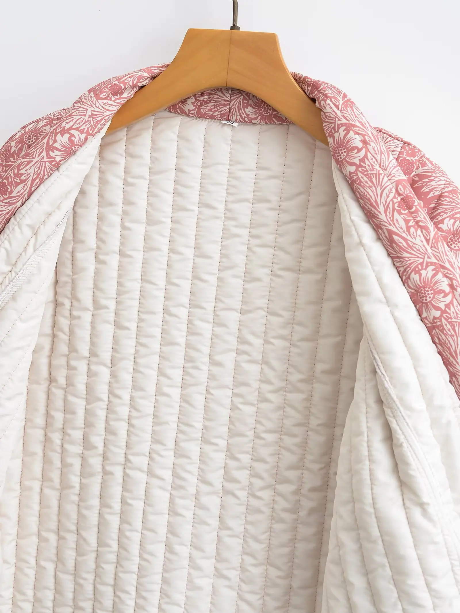 Autumn Winter Light Pink Flower Print Lapel Quilted Coat Ethnic Women Line Quilting Full Sleeve Loose Jacket BOHO Thin Outerwear