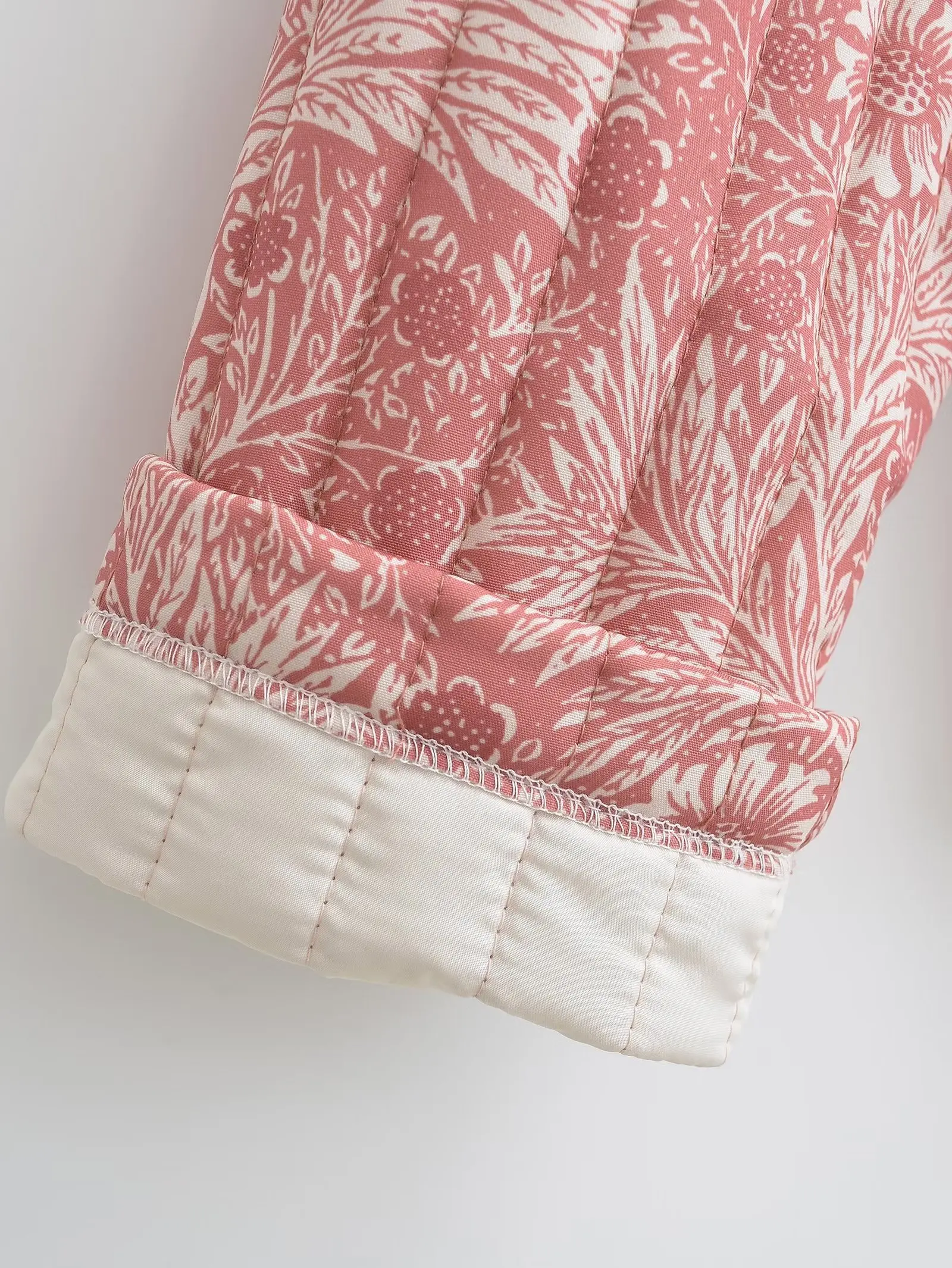 Autumn Winter Light Pink Flower Print Lapel Quilted Coat Ethnic Women Line Quilting Full Sleeve Loose Jacket BOHO Thin Outerwear