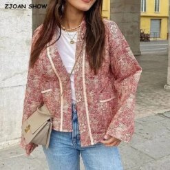 Autumn Winter Light Pink Flower Print Lapel Quilted Coat