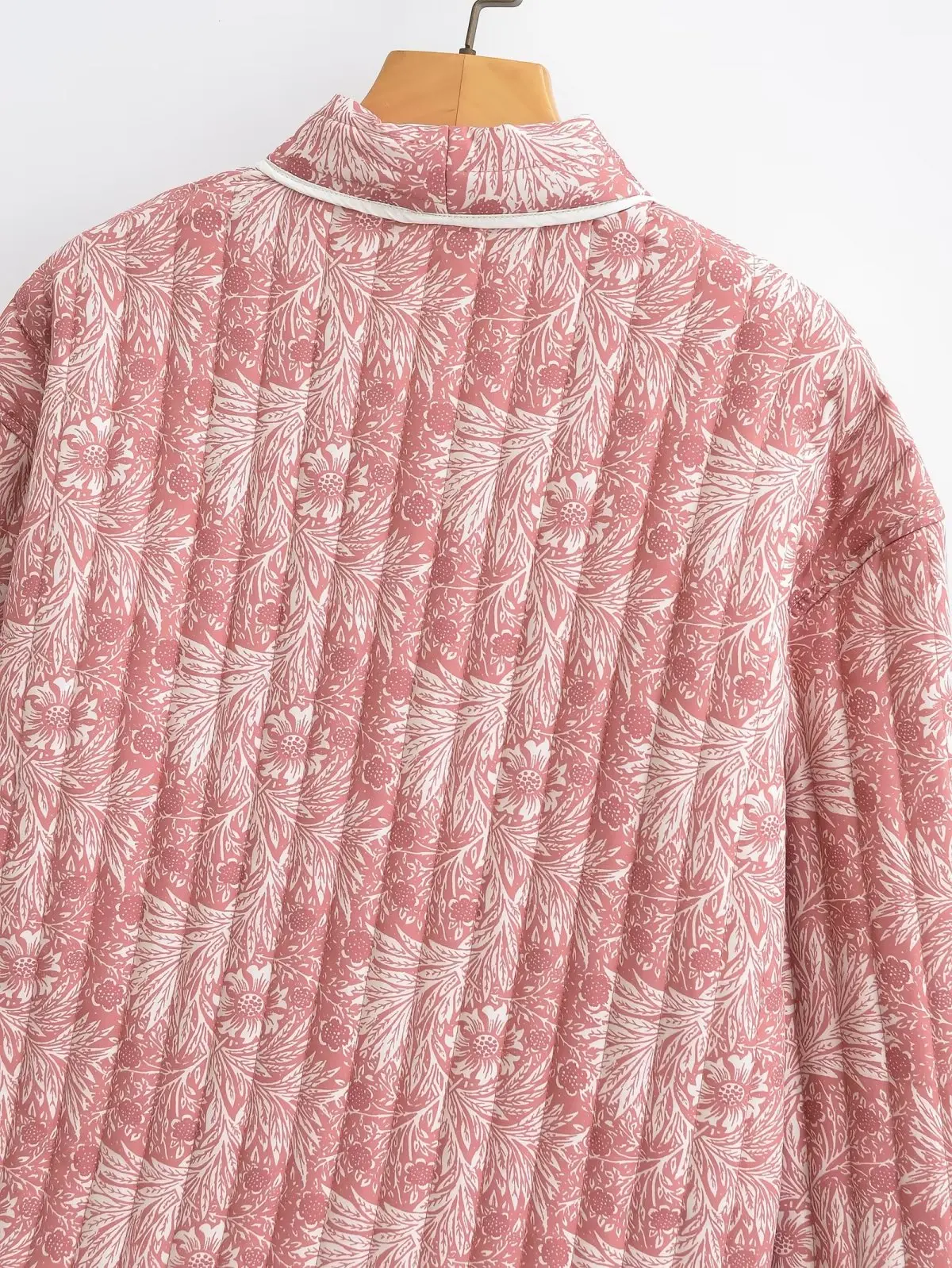 Autumn Winter Light Pink Flower Print Lapel Quilted Coat Ethnic Women Line Quilting Full Sleeve Loose Jacket BOHO Thin Outerwear
