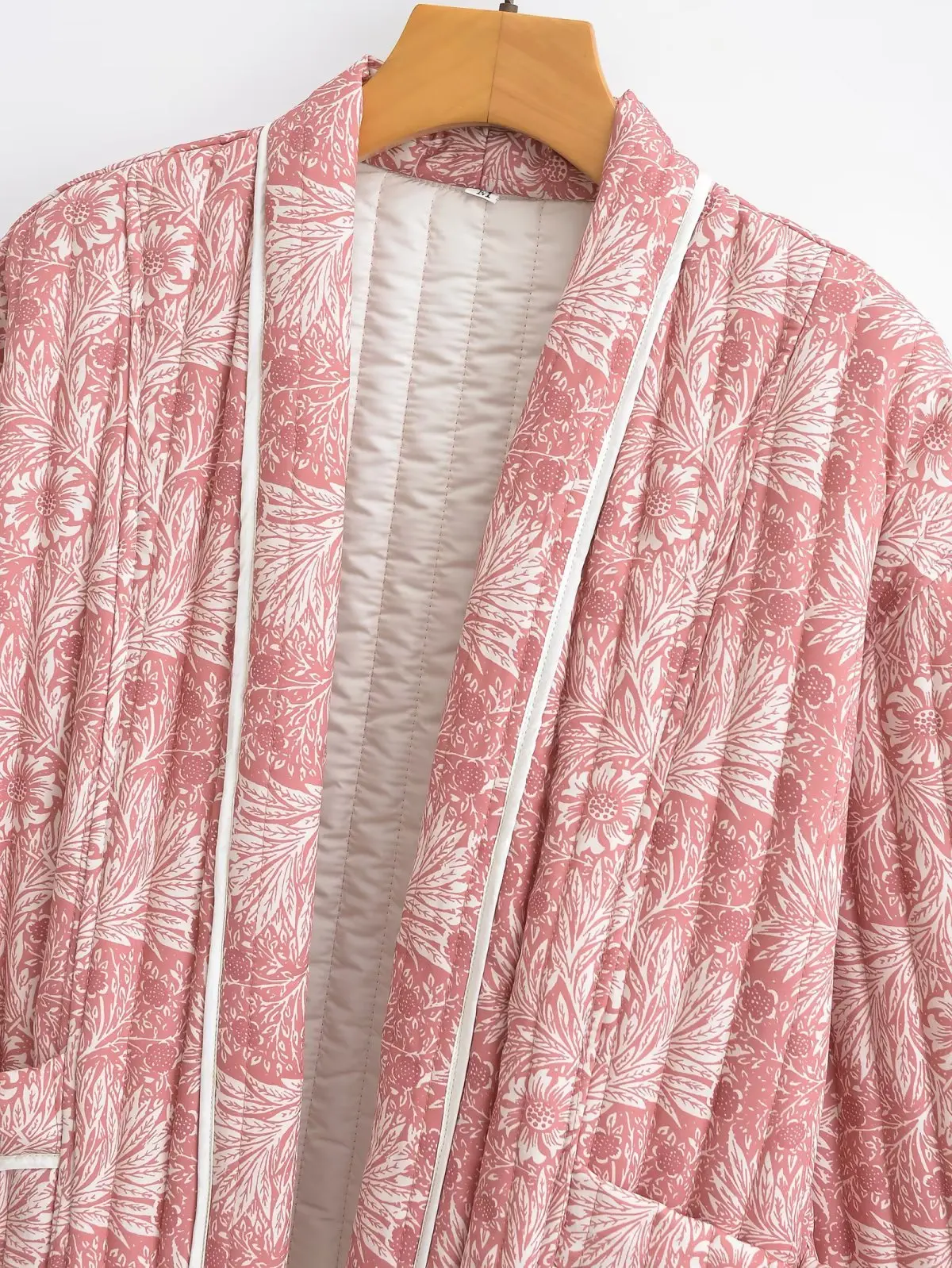 Autumn Winter Light Pink Flower Print Lapel Quilted Coat Ethnic Women Line Quilting Full Sleeve Loose Jacket BOHO Thin Outerwear