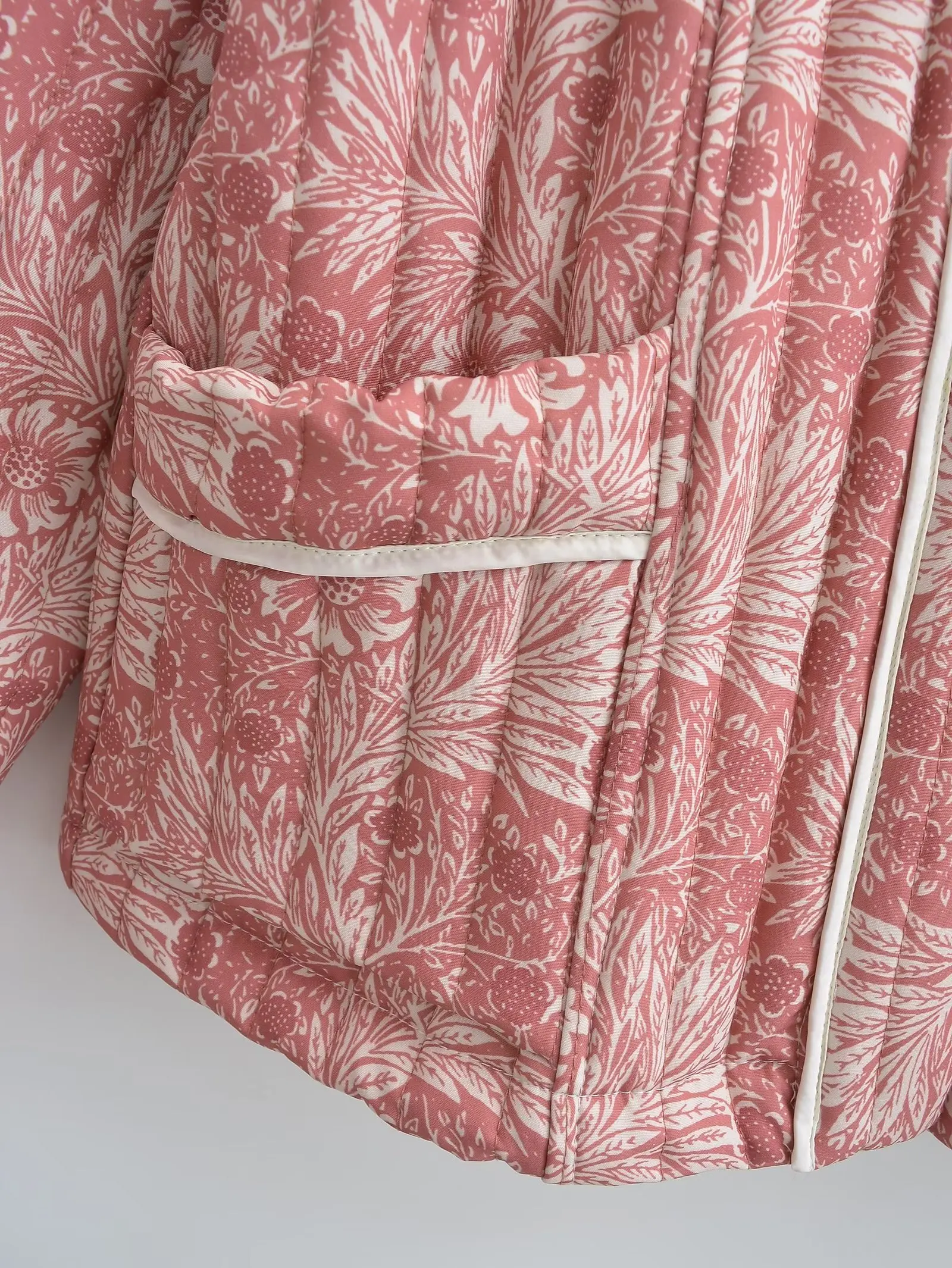Autumn Winter Light Pink Flower Print Lapel Quilted Coat Ethnic Women Line Quilting Full Sleeve Loose Jacket BOHO Thin Outerwear