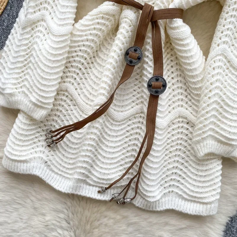 Off Shoulder Tunic Top with Belt Pointelle Knitted Flared Long Sweater Pullovers Woman Jumper Autumn Winter Ladies Boho Outfit