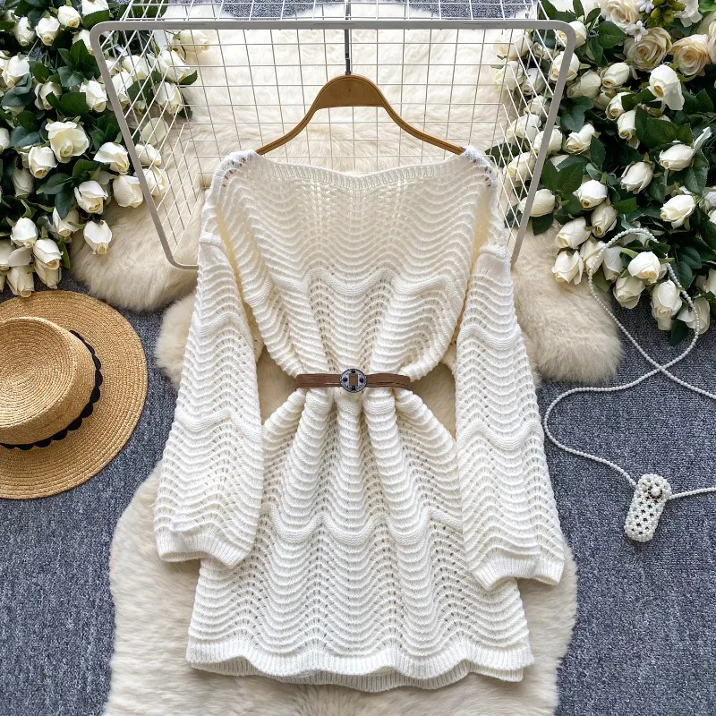 Off Shoulder Tunic Top with Belt Pointelle Knitted Flared Long Sweater Pullovers Woman Jumper Autumn Winter Ladies Boho Outfit