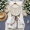 Off Shoulder Tunic Top with Belt Pointelle Knitted Flared Long Sweater Pullovers Woman Jumper Autumn Winter Ladies Boho Outfit