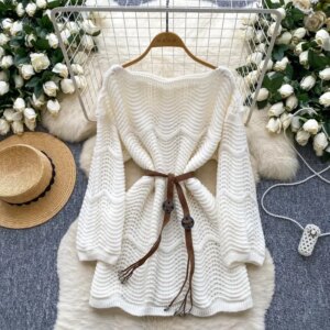 Off Shoulder Tunic Top with Belt Pointelle Knitted Flared Long Sweater Pullovers Woman Jumper Autumn Winter Ladies Boho Outfit