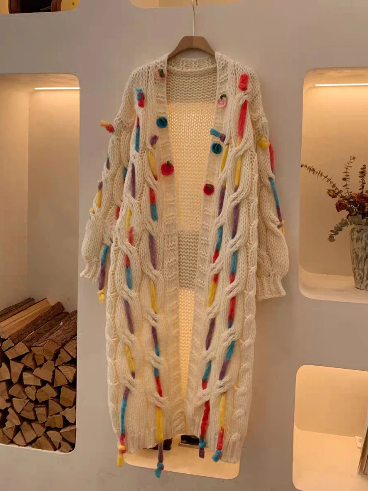 Handmade Cable Colorful Long Cardigan Boho Style Chunky Hand-Knitted Sweater Coat with Rainbow Yarn Details Knitwear Outfit