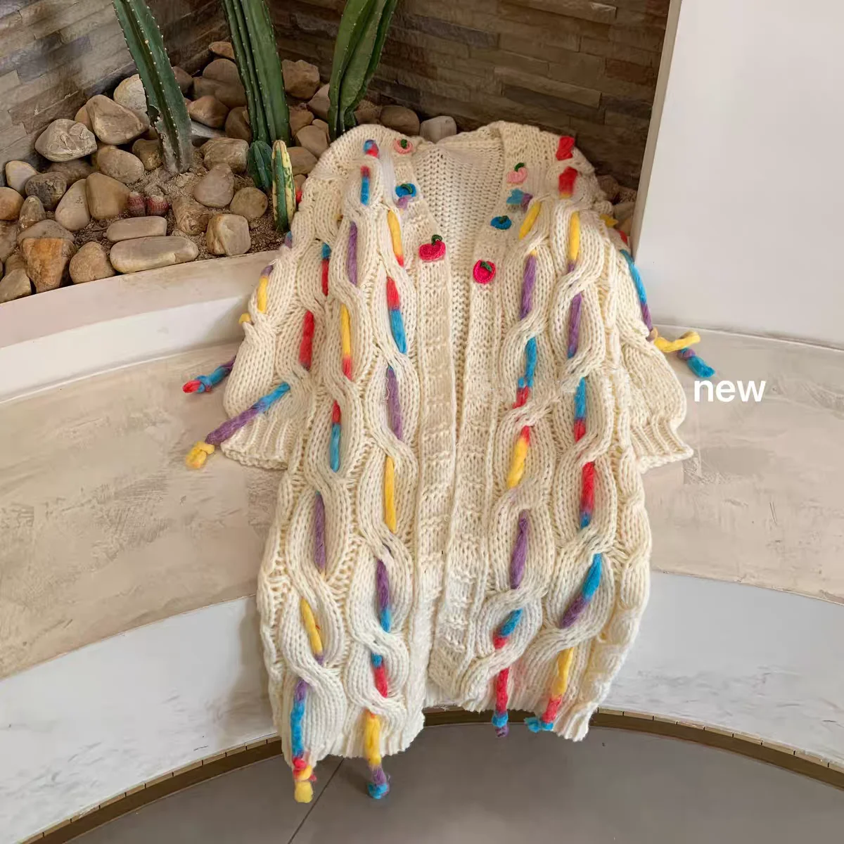 Handmade Cable Colorful Long Cardigan Boho Style Chunky Hand-Knitted Sweater Coat with Rainbow Yarn Details Knitwear Outfit