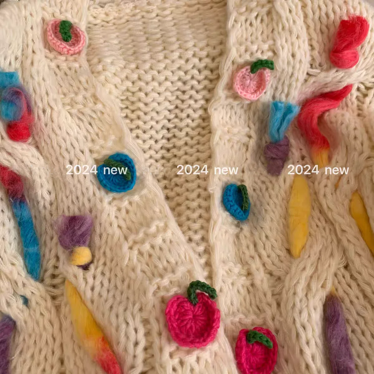 Handmade Cable Colorful Long Cardigan Boho Style Chunky Hand-Knitted Sweater Coat with Rainbow Yarn Details Knitwear Outfit