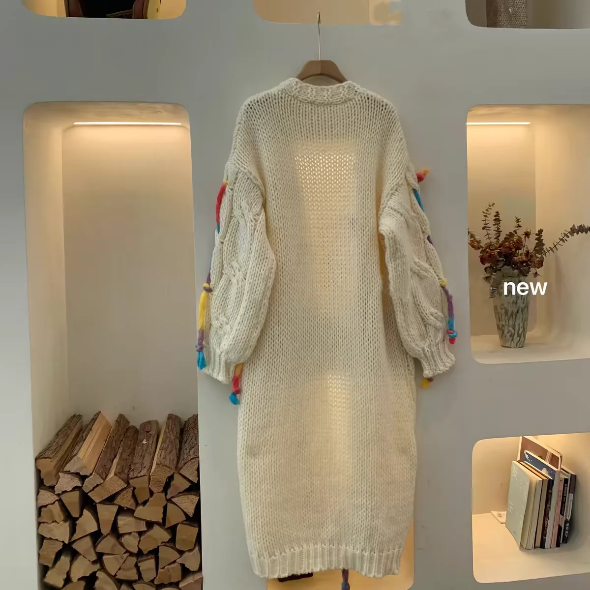 Handmade Cable Colorful Long Cardigan Boho Style Chunky Hand-Knitted Sweater Coat with Rainbow Yarn Details Knitwear Outfit