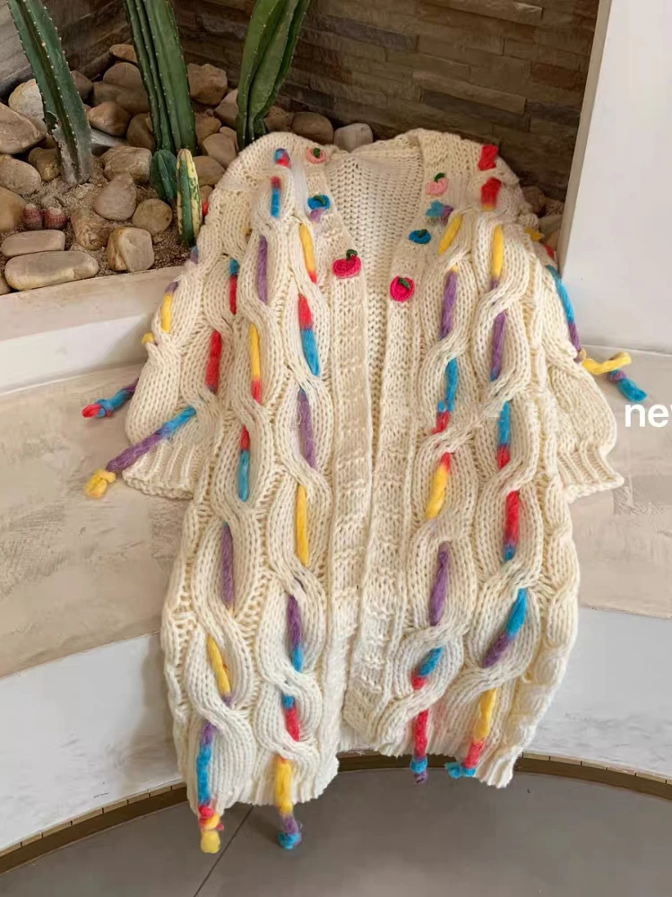 Handmade Cable Colorful Long Cardigan Boho Style Chunky Hand-Knitted Sweater Coat with Rainbow Yarn Details Knitwear Outfit