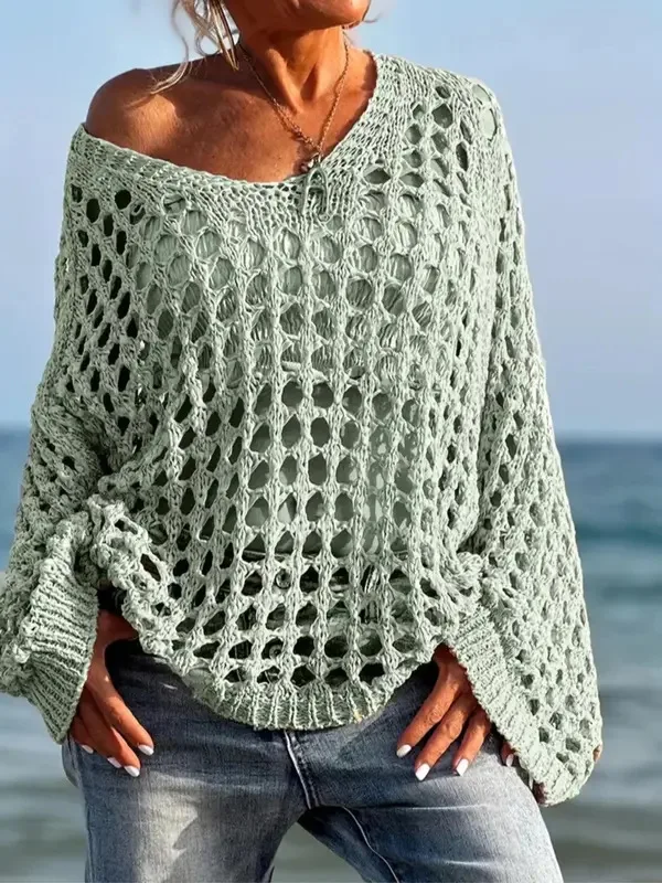 Women's Oversized V-Neck Knit Cardigan - Boho Chic Lace Crochet Sweater Coat