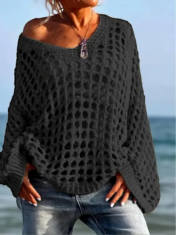Women's Oversized V-Neck Knit Cardigan - Boho Chic Lace Crochet Sweater Coat
