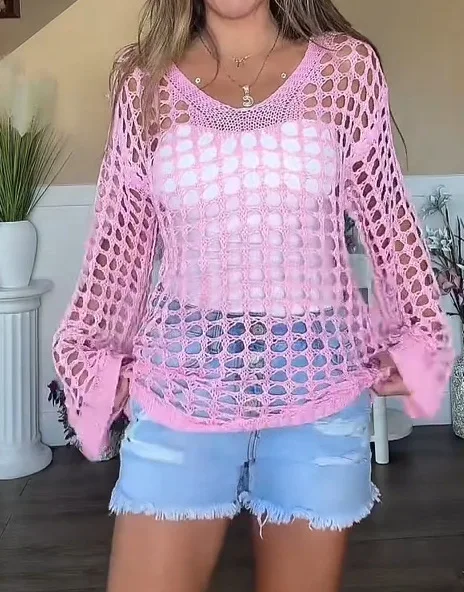 Women's Oversized V-Neck Knit Cardigan - Boho Chic Lace Crochet Sweater Coat