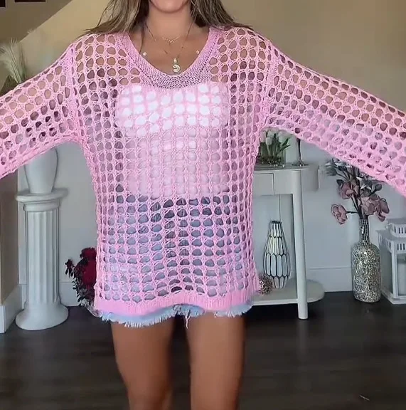 Women's Oversized V-Neck Knit Cardigan - Boho Chic Lace Crochet Sweater Coat